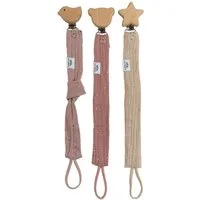 lilimaus Schnullerbefestigung Schnullerkette aus Musselin & Holz - handgemacht, (3-tlg), mit Holzclip & sicherer Länge - schadstoffgeprüfte Musselin-Baumwolle