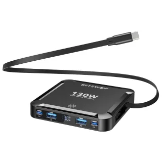 [GaN Tech] Blitzwolf® BW-S32 130W 5 in 1 USB PD Digital Display Charger with Retractable Cable Fast Charging Desktop Cha