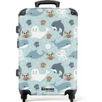 NoBoringSuitcases.com© Kinderkoffer mit leuchtende Räder - Seetiermuster mit Delphinen, Robben und Krabben, 4 Rollen, Mittelgroßer Reisetasche mit Rollen für 20kg, Kinderkoffer