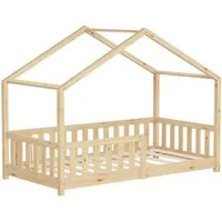 ML-DESIGN Spielbett Hausbett Kinderbett inkl. Lattenrost & Rausfallschutz Kinder Bodenbett, Abenteuerbett 80x160cm Haus Bett Himmelbett Kiefer Jugendbett Natur