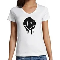 MyDesign24 T-Shirt Damen Print Shirt - Lächelnder verlaufendes Gesicht V-Ausschnitt Baumwollshirt mit Aufdruck Slim Fit i292