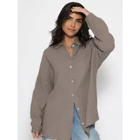 SASSYCLASSY Langarmbluse Oversize Musselin Bluse Damen kurz Langarm Elegant Hemdbluse lang aus Baumwolle mit V-Ausschnitt, One Size (Gr. 36-48)