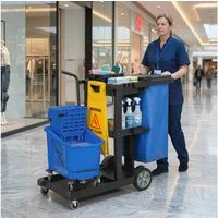 HOMCOM Putzeimer Putzwagen mit 3 Ebenen, Rollen, Moppeimer mit Presse, (Wischwagen, 1-tlg., Reinigungswagen mit Wischeimer und Müllsack), für Hotel, Einkaufszentren, Büro 122x46,5x101 cm