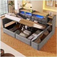 Flieks Daybett, Hydraulisches Polsterbett 140×200cm mit LED, Aufladen und Polsterbank