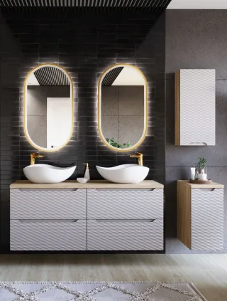 Badmöbel Set 8-tlg Badezimmerset LAXY Eiche Beige inkl. Waschtisch