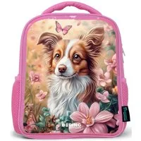 NoBoringSuitcases.com© Rucksack Rosa - Hund im Blumenfeld mit Schmetterlingen, Kinderrucksack, Schulrucksack, Freizeitrucksack, Mädchen, Kindergarten