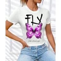 RMK T-Shirt Damen Shirt kurzarm Rundhalsausschnitt Butterfly 100% Baumwolle