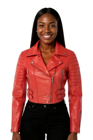 Rote kurze Brando-Bikerjacke aus Leder für Damen – Bellville