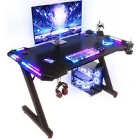 HOMALL Gamingtisch LED Gaming Tisch,Computertisch,mit RGB Lichtern 120/140/160cm (Gaming-Tisch mit RGB-Beleuchtung, passenden Getränkehaltern und Kopfhörerhaken sowie Z-förmigen Tischbeinen-ostern geschenke)