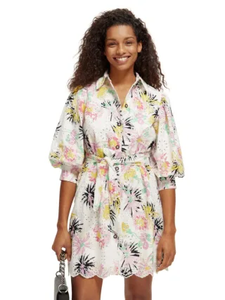 Scotch & Soda - Minikleid mit gepufften Ärmeln und Lochstickerei weiß - Gr. - 38