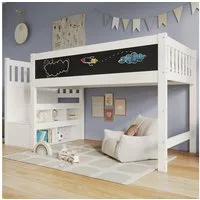 Flieks Kinderbett, Massivholz Hochbett mit Tafel und Stauraumtreppe 90x200cm