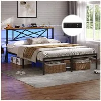 MSMASK Metallbett mit LED-Beleuchtung, Steckdose und 2 USB-Anschlüssen (Ohne Matratze), Bettgestell 140x190 cm in Braun mit Metall-Lattenrost