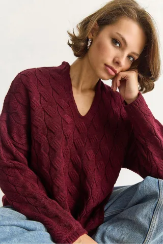 Lässiger V-Ausschnitt Strukturstrickpullover