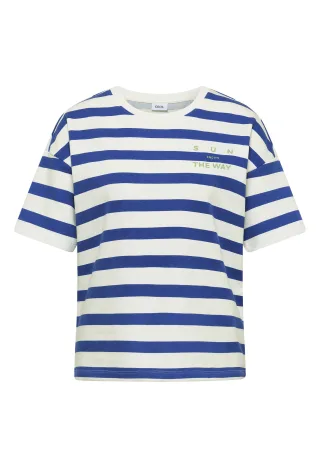 CECIL - Halbarm Shirt mit Streifen und Wording-Detail deep river blue - Gr. - S