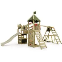 FATMOOSE Spielturm RiverRun mit SurfSwing – Ritterburg mit Wellenrutsche, Hängebrücke, & Sandkasten - extrem witterungsbeständig mit 10 Jahren Garantie*