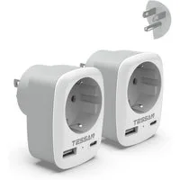 TESSAN 2 Stück klappbarer 3-in-1 Reiseadapter für UK-Stecker in EU-Steckdosen Reiseadapter AC Buchse, USB A, USB C, Typ G Buchse zu Type B, 3250W UK Adapter mit USB C und USB A, Stromadapter für Irland Dubai
