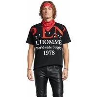 PHILIPP PLEIN T-Shirt Herren Gold Cut P.L.N. Worldwide Supply Shirt geripptem Kragen, ikonischer Schriftzug, Doppelt genähte Säume
