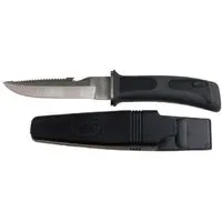 FoxOutdoor Universalmesser Tauchermesser, Beinholster, schwarz, (Set, Tauchermesser mit Kunststoffscheide), partiellem Wellenschliff und Gurtschneider