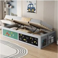 STILVORA Kinderbett 90×200 mit Schreibplatte,Holzbett Stauraumbett mit filzbezogener (mit Hydraulischer Verstellung, Schreibplatte und Stauraum, Links/Rechts Montierbar, 90x200cm), ohne Matratze