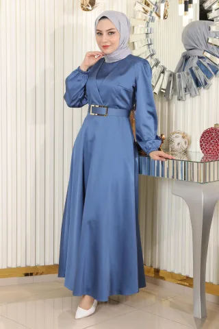 Mit Gürtel Satin Abendkleid Blau