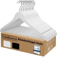 VonBueren Kleiderbügel Holz weiß 44,5x22cm Holzbügel mit Hosensteg und Kerben drehbarer Haken, (40-tlg), 360 Grad drehbarer Haken, Hosensteg und Kerben für Träger