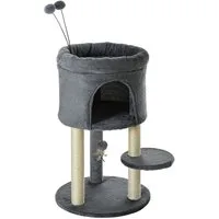 PawHut Kratzbaum Katzenbaum mit Katzenhöhle und Spielball Plüsch Grau+Cremeweiß, 44.5 x 44.5 x 73.5 cm
