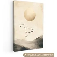 OneMillionCanvasses® Leinwandbild Landschaft - Japandi - Vogel, Fotodruck (1 St), Leinwand Bilder Klein, Wand Dekoration Aesthetic 30x20 cm