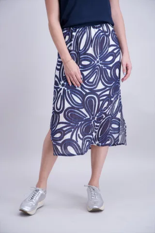 signe nature - Midirock mit floralem Allover-Muster beige/blau - Gr. - 36