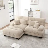 HAUSS SPOLE Schlafsofa aus Chenille,Doppelsofa Zweisitzer mit Kissen & einer Hocker,Hellbraun