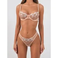 Elegant Love Set: Push-up-BH Bestickter BH & Tüll-Tanga, Transparentes Mesh-Dessous (Set, 2-tlg., mit String, Panty) elegantes Lingerie Sexy Set, Unterwäsche für Frauen