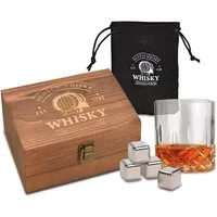 Woma Eiswürfel-Steine Edelstahl Whisky Steine Geschenk Set in edler Holzbox - 6-teilig, Wiederverwendbare Kühlwürfel mit Glas und Samtbeutel