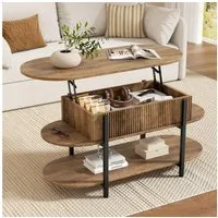 FABATO Couchtisch oval, höhenverstellbar mit verstecktem Stauraum, 3-Etagen-Design (1-St), 105.9×45×50-63.5cm, natur