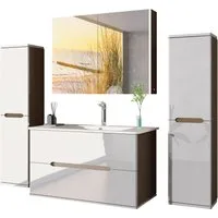 Homeline Badezimmer-Set Badezimmer Möbel Badmöbel Set Eiche/Weiß Hochglanz Spiegelschrank, (5 Tlg, 5-St., Badezimmer Möbel), Soft close system
