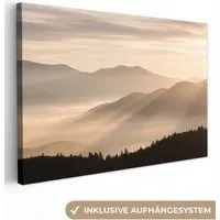 OneMillionCanvasses® Leinwandbild Berge - Nebel - Sonnenstrahlen, Fotodruck (1 St), Leinwand Bilder Klein, Wand Dekoration Aesthetic 30x20 cm
