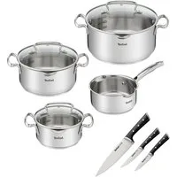 Tefal Topf-Set G719S7_K2323S74 Duetto+ Ice Force, Edelstahl (Set, 10-tlg., Kasserolle 16 cm, Töpfe mit Deckel 16/20/24 cm), rostfreier Edelstahl, Deckel m. Abgießfunktion, inkl. 3tlg. Messer-Set