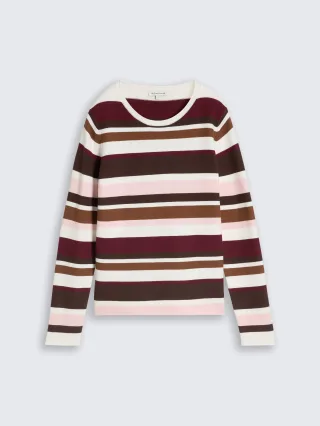 Tom Tailor - Strickpullover aus Baumwolle camel brown red stripe - Gr. - S