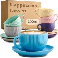 Cosumy Cappuccinotasse Cappuccinotassen mit Untertassen - 6er Set - 200ml, 12-tlg., Keramik, matt - spülmaschinenfest - mikrowellengeeignet - modernes Design