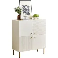 Refined Living Sideboard Aufbewahrungsschrank mit 4 Türen, Kommode, Wohnzimmerschrank (80 L × 36 B × 90 H cm, Modernes weißes Sideboard aus MDF mit Metallbeinen & Zinklegierung-Griffen, Skandinavischer Stil, Stauraum, Anrichte, 1 St., Flurschrank, Ho