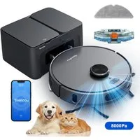 Teendow Saugroboter D65S MAX Saugroboter mit wischfunktion, 8000Pa Staubsauger Roboter, 850 W, mit Beutel, 4 Leistungsstufen, 3 Wasserstufen, 2.5 L Staubbehälter, Multi-Map