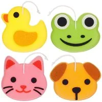 BRUBAKER Duschschwamm Badeschwamm Set Tiere - Ente, Frosch, Hund und Katze, 4-tlg., 25 g Badeknäuel Körperreinigungsschwamm für Kinder und Erwachsene
