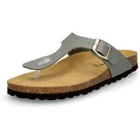 MIDS MIA Damen Pantolette olivgrün, Zehentrenner mit Lederfußbett, Schnalle und Korksohle