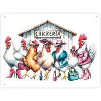speecheese Metallschild Modische Hühner am Hühnerstall Metallschild XL in 21x28 cm mit Spruch
