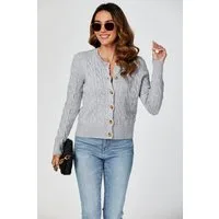 FS Collection Strickjacke Damen Strickjacke mit Rundhalsausschnitt & Zopfmuster Cardigan (Einheitsgröße: UK 8–16 / EU 36–44, 3 Farben : Creme, Marineblau und Grau) 56 % Viskose, 26 % Polyester, 18 % Wolle