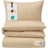 Carpe Sonno Bettwäsche Seersucker 135 x 200 155 x 220 Streifen Bügelfrei Sommer Baumwolle, Seersucker, 2 teilig, Bettbezug kühlend mit Reißverschluss & OEKO-TEX Beige Weiß 155x220
