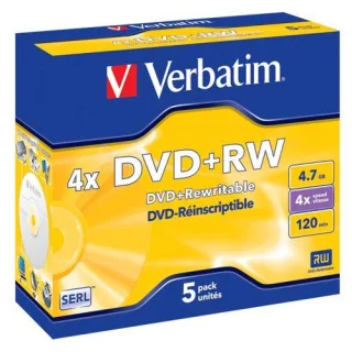 1x5 Verbatim DVD+RW 4,7GB 4x Speed, matt silver Jewel Case