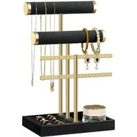 SURFOU Schmuckständer Schmuck Organizer mit 3 Ebenen – Samt-Armbandständer mit T-Steg (5-in-1 Schmuckpräsentation mit Samtstangen, Ringablage & Fach – Ideal für Armbänder, Halsketten & Uhren, 1 St)