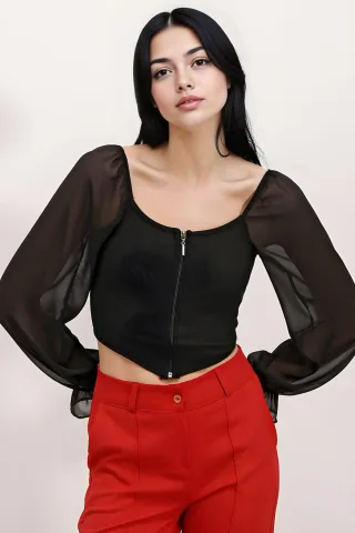 Gerippte Reißverschluss-Crop-Bluse mit quadratischem Kragen