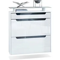 Vladon Schuhschrank Annie (Schuhkipper für 16 Paar Schuhe, mit 2 Klappen, Schublade und Glasablage) Weiß matt/Weiß Hochglanz/Schwarz Hochglanz (89 x 96 x 23 cm)
