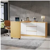 Merax Schreibtisch 2-in-1 Sideboard & Arbeitstisch (120×50×76,5 cm, 1-St., multifunktionaler Bürotisch Kommode in Weiß/Eiche), Eckschreibtisch mit 360° drehbarer Tischplatte, 2 Türen & 3 Schubladen