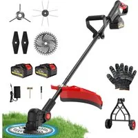 CONENTOOL Akku-Rasentrimmer Bürstenlos 1200W, 8000mAh Gesamtkapazität (2×4,0Ah), 25.5 cm Arbeitsbreite Messer, 23 cm Arbeitsbreite Faden, (Bürstenloser Motor, 20000U/min), 90° drehbarer Kopf mit Stützrädern für Gartenpflege